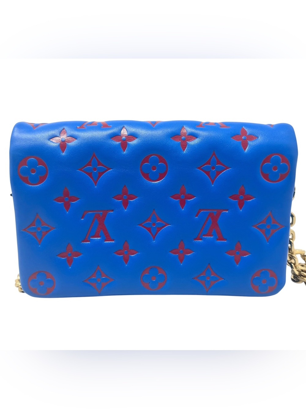 ✨🛍️ Louis Vuitton Blue/Red Embossed Monogram Pochette Coussin - Picture 3 of 7